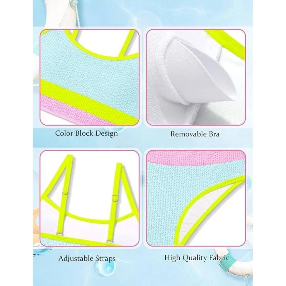 Girls Color Block Textured Bikini Set Blue Pink Neon Yellow Size 11-12Y NWOT